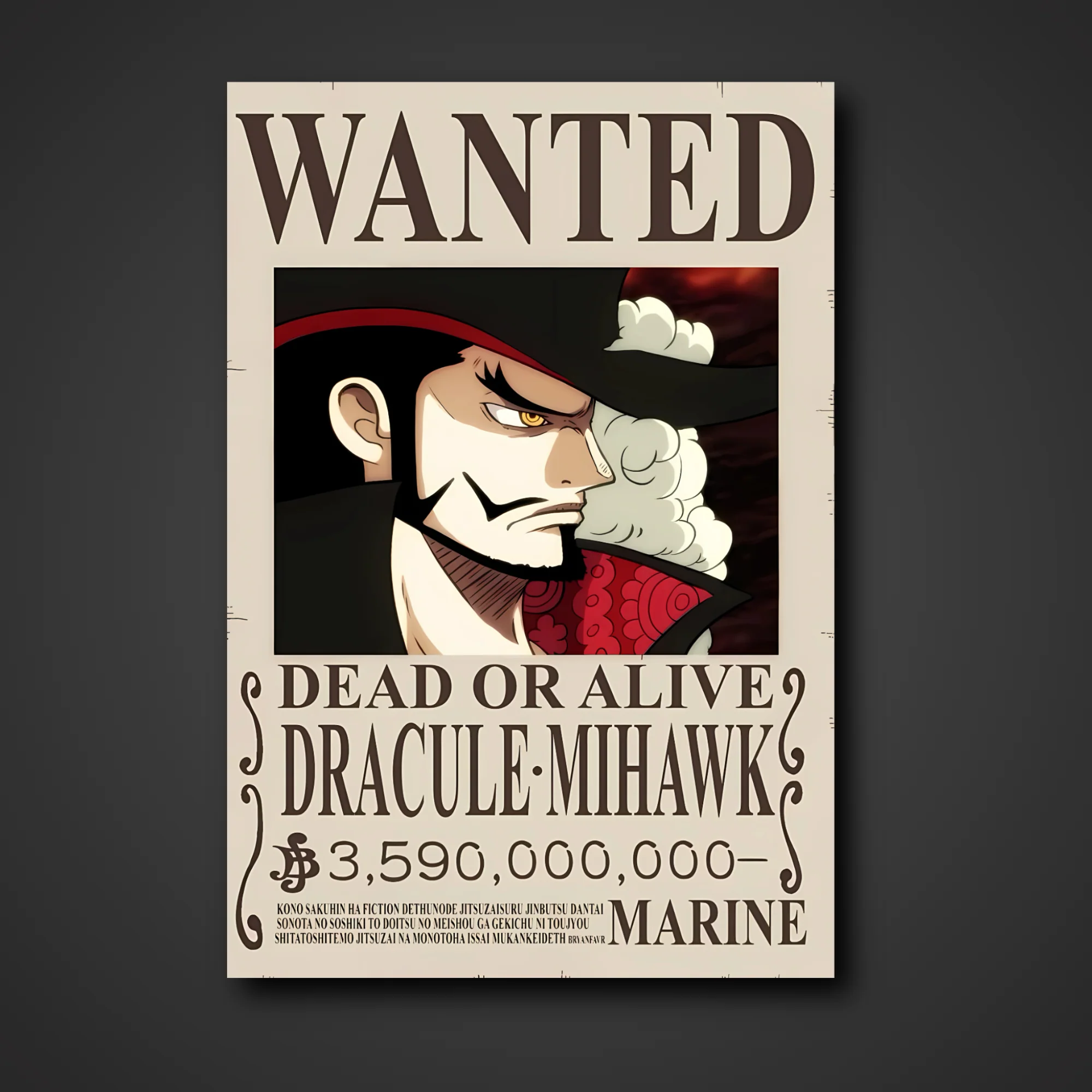 Dracule Mihawk 3.59 Billion Berry Bounty Poster - A3 & A4 One Piece Wall Art